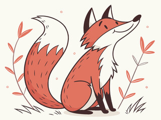 Animated red fox character stands alert in grassy meadow. A cheerful, cartoon-style red fox character stands alert on a grassy knoll, looking to the side.
