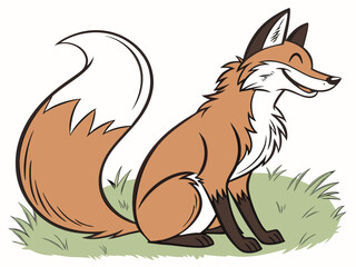 Animated red fox character stands alert in grassy meadow. A cheerful, cartoon-style red fox character stands alert on a grassy knoll, looking to the side.