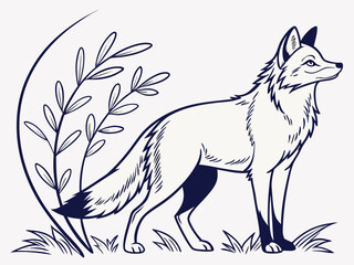 Animated red fox character stands alert in grassy meadow. A cheerful, cartoon-style red fox character stands alert on a grassy knoll, looking to the side.