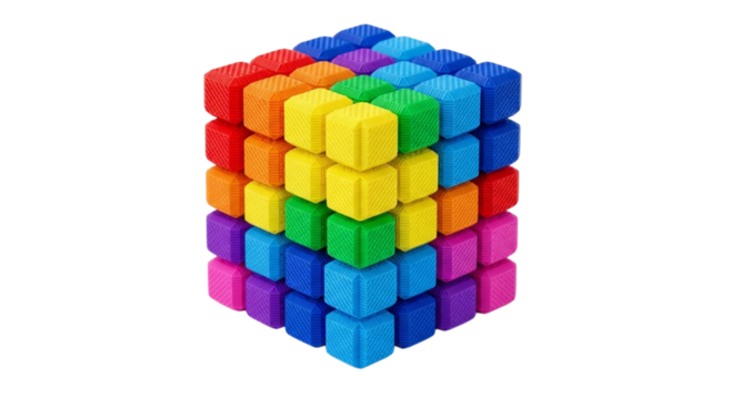 Colorful geometric cube puzzle toy isolated on transparent background
