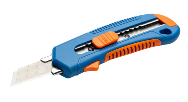 Blue and orange utility knife cutter tool isolated on transparent background - Powered by Adobe