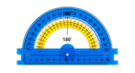 Blue plastic protractor with yellow markings isolated on transparent background