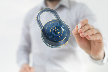 Cybersecurity, data protection, and online safety concepts.  High-tech digital lock graphic.