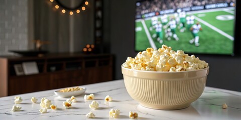 Bowl of popcorn on a table with a football game on tv in background