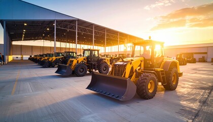 Yellow construction machinery lineup at sunset in large industrial facility