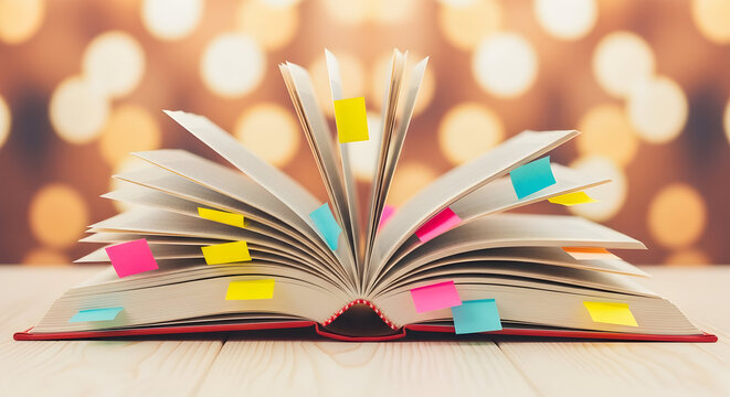 Open book with colorful sticky notes knowledge education learning studying research literature reading textbook wisdom library booklover academic success student - Powered by Adobe