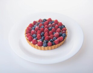 Fresh berry tart with raspberries and blueberries on white plate