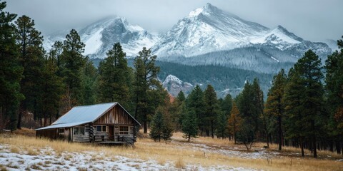 A quiet cabin surrounded by pine trees and distant snowy mountains