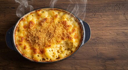 Golden Baked Macaroni Cheese Steaming Hot Homemade Comfort Food Classic on Rustic Wood