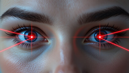 Close up of human eyes with red laser targeting reticle