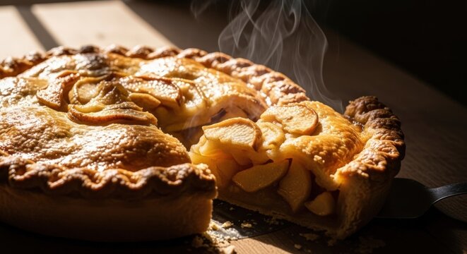 Inviting golden apple pie steaming with warmth a perfect symbol of homemade comfort food and sweet indulgence