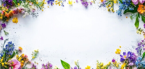 Fr&uuml;hlingshafte Blumen und Pflanzen umrahmen eine isolierte, wei&szlig;e Freifl&auml;che in der Mitte, Banner im Querformat