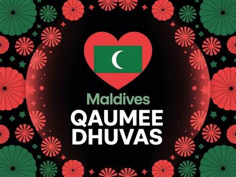 Maldives national day celebration with heart shaped flag and festive fireworks display - Powered by Adobe
