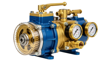 Vintage brass and blue industrial pump with gauges isolated on transparent background