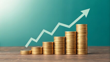 Increasing stacks of golden coins demonstrating financial growth in a business environment captured from a high angle