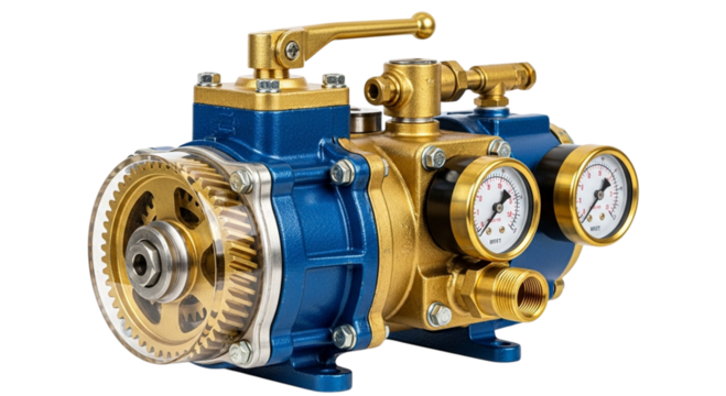 Vintage brass and blue industrial pump with gauges isolated on transparent background