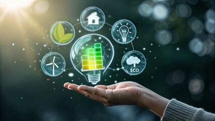 Illuminated light bulb representing renewable energy outdoor setting digital icons nature close-up eco-friendly concept