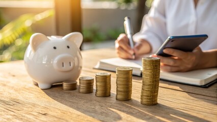 Financial growth white piggy bank with ascending gold coins home office business strategy bright environment close-up view