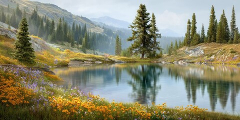 A reflective lake nestled in a golden alpine valley, wrapped in pine mist and wild blooms ultra-detailed, photorealistic