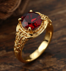 A luxurious gold ring with a stunning ruby red gemstone, set on a dark wood surface. Perfect for a special gift or jewelry collection.
