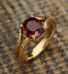 A luxurious gold ring with a stunning ruby red gemstone, set on a dark wood surface. Perfect for a special gift or jewelry collection.
