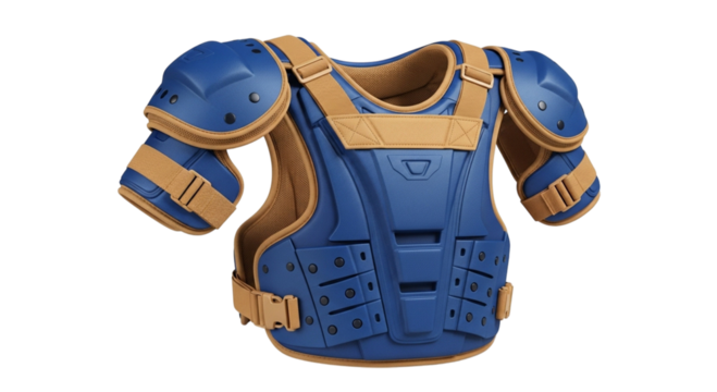 Blue and tan baseball catcher s chest protector isolated on transparent background