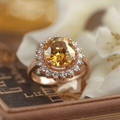 An elegant ring with an oval golden yellow citrine stone surrounded by small diamonds. Glamorous and luxurious design.
