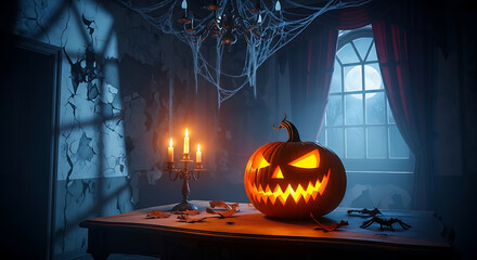 A spooky halloween scene with a jack o lantern on a table in a dark room with cobwebs and candles