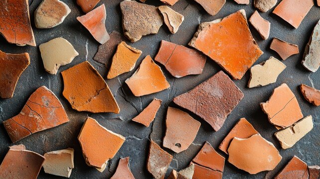Earthy terracotta background broken pottery shards ceramic fragments natural clay pieces orange brown rustic texture seamless surface weathered artisan crafted