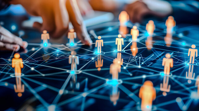 Human connections through circuit pathways joining tiny blue people