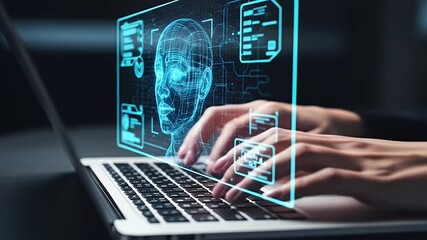 Closeup of hands typing on a laptop displaying a digital human head - Powered by Adobe