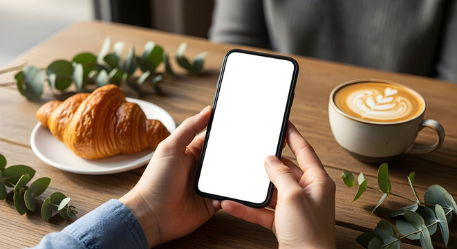 Person holding smartphone with blank screen in cafe enjoying coffee and croissant breakfast mockup template