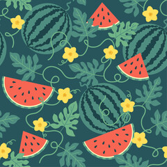 Hand drawn watermelons floral and leaves pattern in dark background. Seamless summer fruit vector design for fabric textiles wrapping paper print.