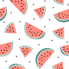 Seamless pink watermelons pattern. Summer fruit vector background. Fashion design for textile print. 