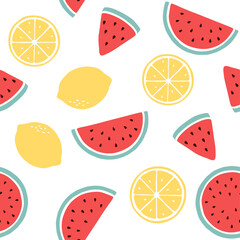 Seamless watermelons and lemon pattern. Summer fruit vector flat design for textile print. Watermelon lemon fruit Cartoon repeat vector illustration.