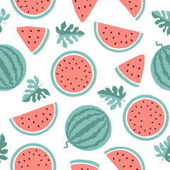Seamless Watermelon pattern in modern flat style for wrapping paper wallpaper textile. Fresh watermelon fruit vector illustration.