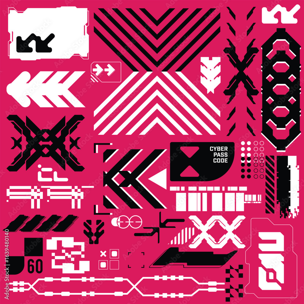 Wall mural y2k 2000s scifi cyberpunk retro-futuristic layout template set dashboard hud for ux-ui application, 