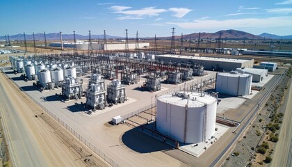 Fototapeta premium Aerial view of industrial oil storage facility with multiple tanks and equipment