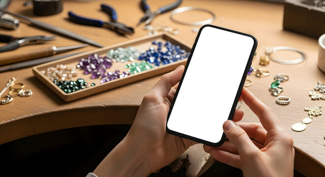 Jeweler uses smartphone to showcase gemstone jewelry designs online mobile app e commerce website design digital marketing technology