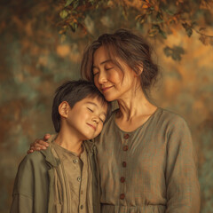 Fototapeta premium Mother embracing child with eyes closed under autumn leaves