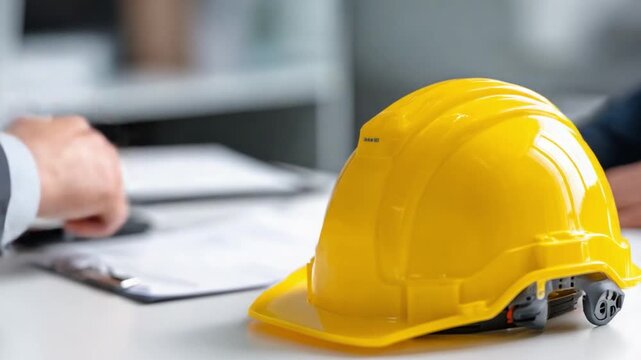 Building Agreement: A professional construction helmet, set upon a table where construction document is held, embodies the essence of safety and precision.