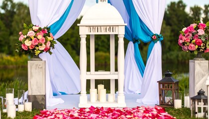 Outdoor wedding ceremony arch adorned with flowers and teal ribbons.