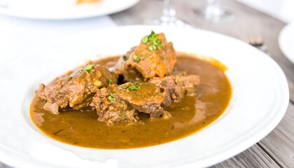 Beef stew in a rich brown sauce on a white plate.