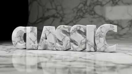 Marble-textured 'CLASSIC' stands, reflecting on a matching surface against a blurred marble wall backdrop, rendered in grayscale - Powered by Adobe