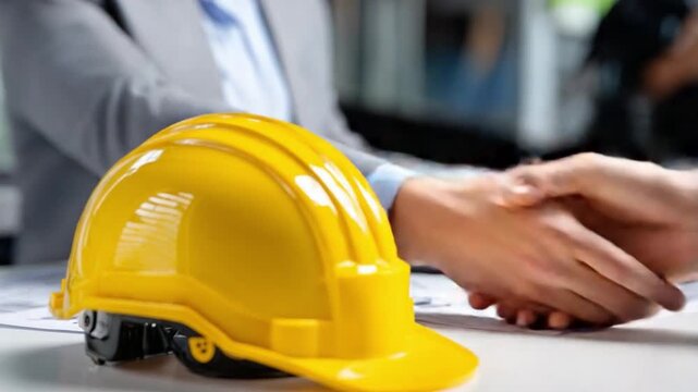 Construction Partnership: A close-up shot features a construction helmet in the foreground, subtly underscoring the dynamic of a handshake between two figures.