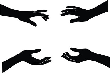 Silhouette of human hands reaching, touching, and giving gesture, isolated black vector hands, communication, support, help, connection symbol concept
