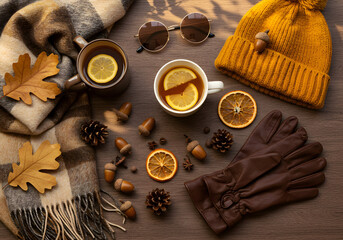 Flat lay of mustard knit hat and autumn props