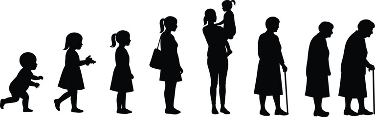 Woman life stages silhouette, female growing from baby to elderly, generational aging vector, child to senior woman, timeline evolution design
