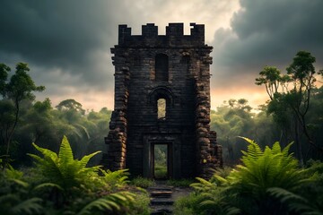 Ancient Stone Tower Ruin in a Lush Forest Setting castle