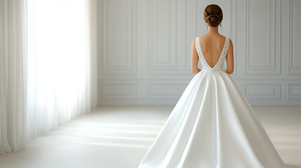 Fototapeta premium A woman in a white dress stands in front of a window